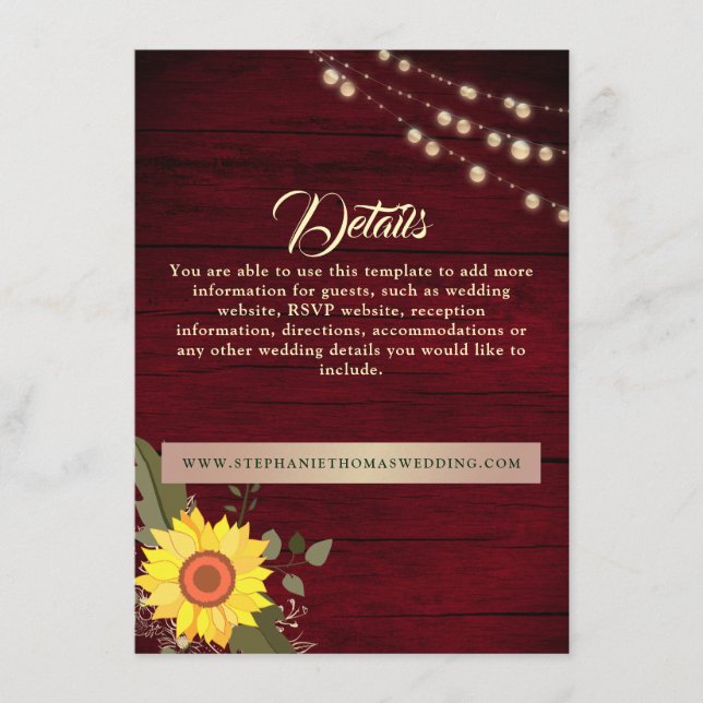 Sunflower Rustic Wood Wedding Details Website Enclosure Card (Front)