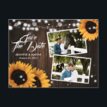 Sunflower Rustic Wood Wedding Photo Save The Date Announcement Postcard<br><div class="desc">Rustic floral wedding photo save the date postcard featuring sunflowers and string lights against a barn wood background.</div>