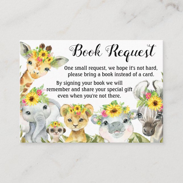 Sunflower Safari Baby Shower Book Request Cards (Front)