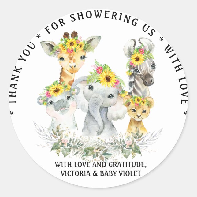 Sunflower Safari Baby Shower Classic Round Sticker (Front)