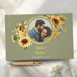 Sunflower Sage Green Elegant Photo Gold Guest Book
