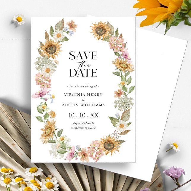 Sunflower Save the Date Card (Watercolor Wildflower Sunflower Wreath Floral Save the Date Card by Painted Paperie
)
