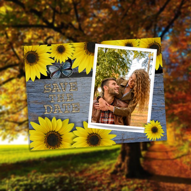Sunflower Save The Date Wedding | Dusty Blue Announcement Postcard (Creator Uploaded)