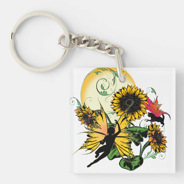 Sunflower Shadow Fairy and Cosmic Cat Key Ring (Front)