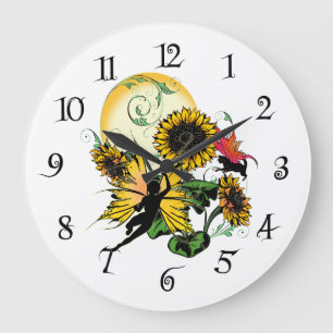 Sunflower Shadow Fairy and Cosmic Cat Large Clock
