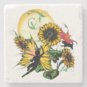 Sunflower Shadow Fairy and Cosmic Cat Stone Coaster