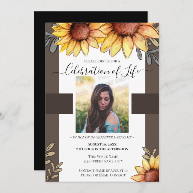 Sunflower Simple Photo Funeral Invitation (Front/Back)