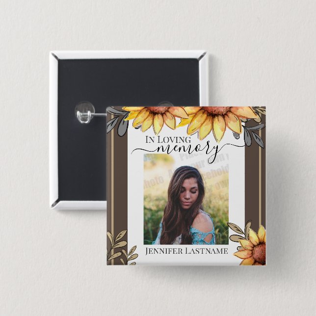 Sunflower Simple Photo Funeral Keepsake 15 Cm Square Badge (Front & Back)