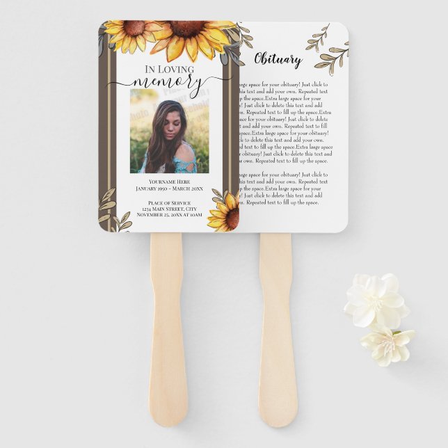 Sunflower Simple Photo Funeral Obituary Keepsake Hand Fan (Front and Back)