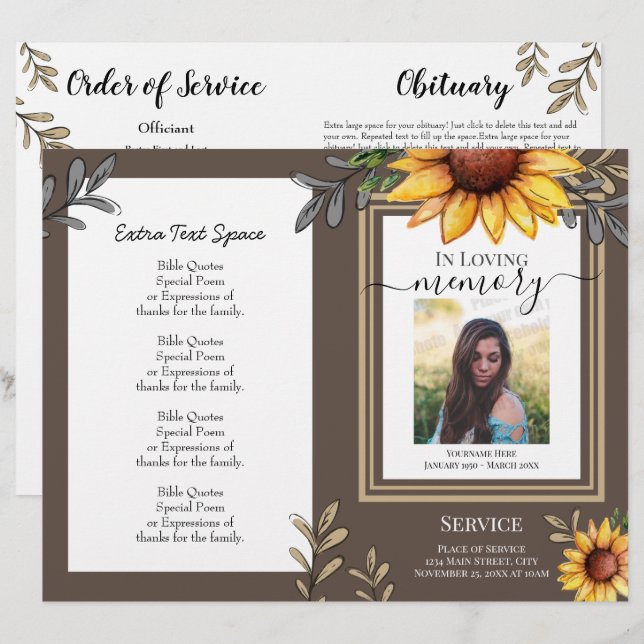 Sunflower Simple Photo Funeral Program Budget (Front/Back)