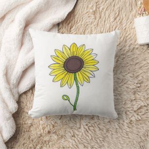 Sunflower Sketch On White Cushion