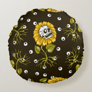 Sunflower Skulls: Unique Seamless Pattern. Round Cushion