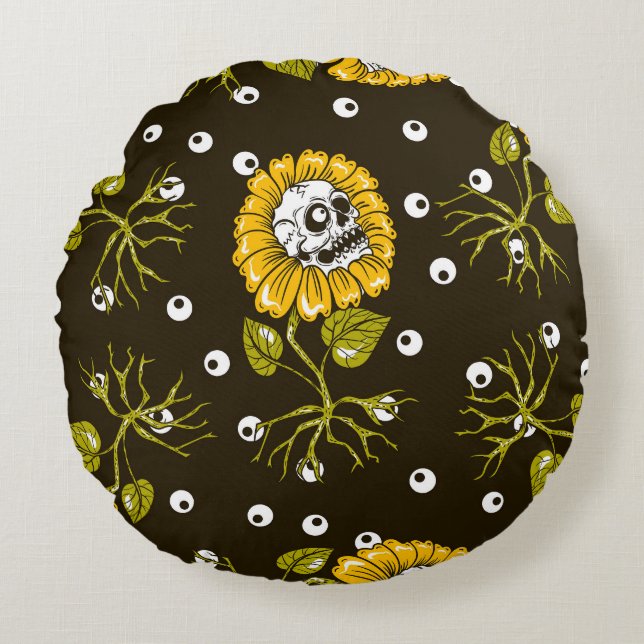 Sunflower Skulls: Unique Seamless Pattern. Round Cushion (Front)