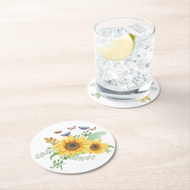 sunflower spring round paper coaster (Insitu)