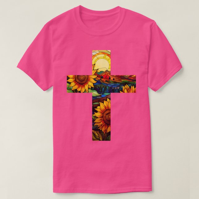 Sunflower Stained Glass Cross T-Shirt (Design Front)