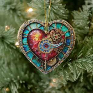 Sunflower Stained Glass Heart Steampunk Series Ceramic Tree Decoration