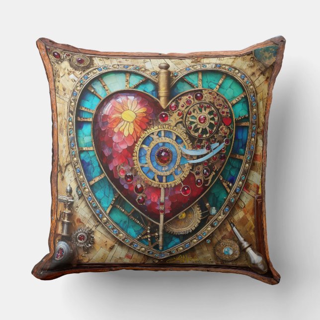 Sunflower Stained Glass Heart Steampunk Series Cushion (Front)