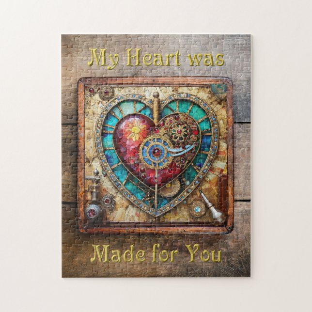 Sunflower Stained Glass Heart Steampunk Series Jigsaw Puzzle (Vertical)