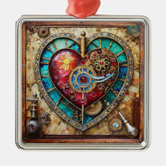 Sunflower Stained Glass Heart Steampunk Series Metal Tree Decoration (Front)