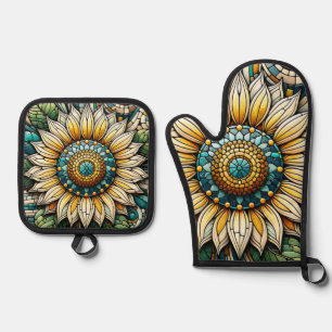 Sunflower Stained Glass Mosaic Oven Mitt & Pot Holder Set