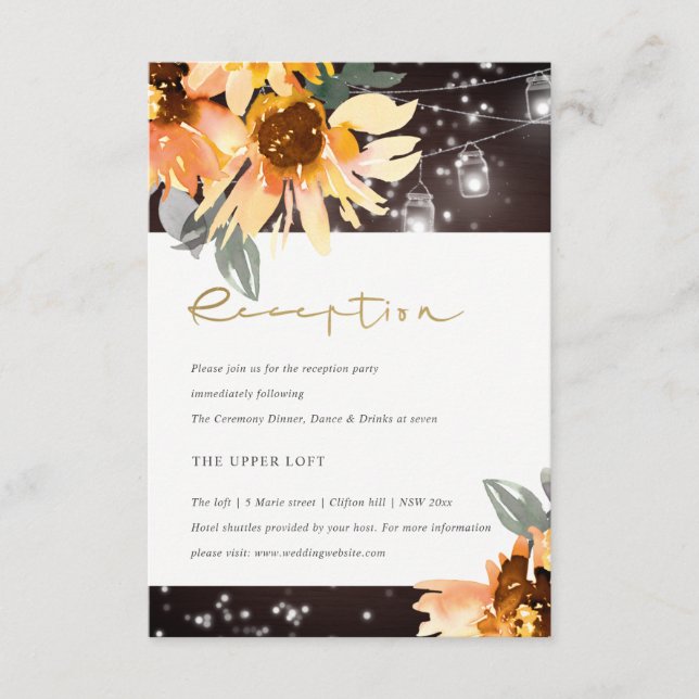 SUNFLOWER STARRY MASON JAR WOOD WEDDING RECEPTION ENCLOSURE CARD (Front)