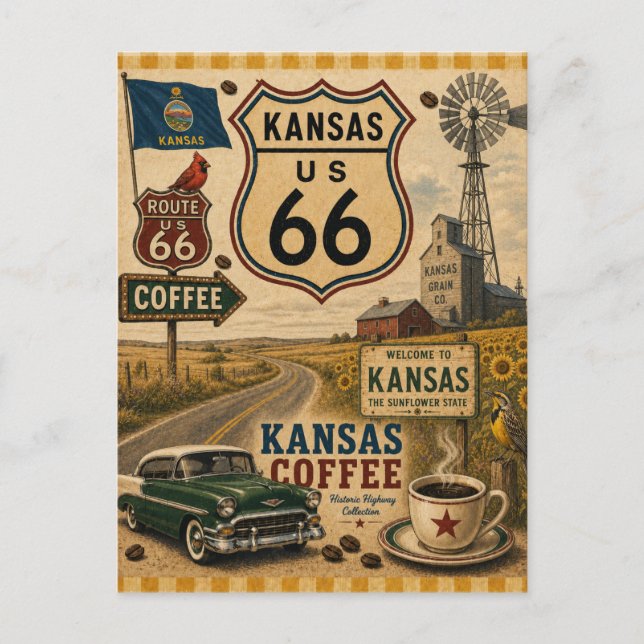 Sunflower State Route 66 Greetings Postcard (Front)