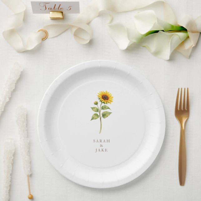 Sunflower Stem Couple Names Personalised Paper Plate (Wedding)