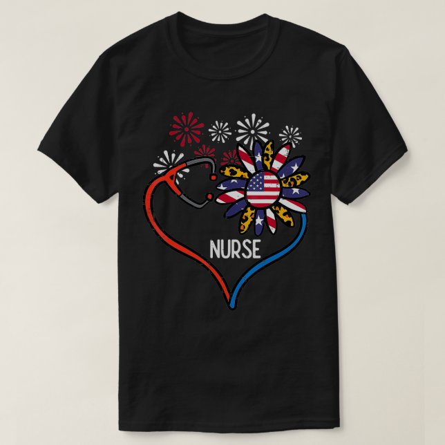 Sunflower Stethoscope Nurse Fourth 4th Of July RN  T-Shirt (Design Front)