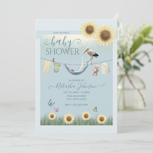 Sunflower Stork Baby Boy Shower Invitation (Standing Front)