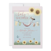 Sunflower Stork Baby Girl Shower Invitation
