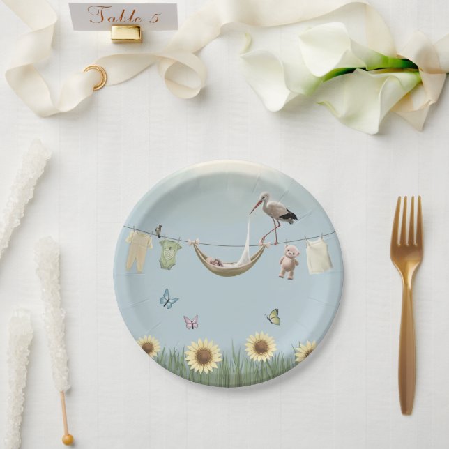 Sunflower Stork Neutral Round Paper Plate (Wedding)