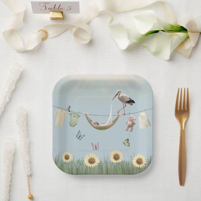 Sunflower Stork Neutral Square Paper Plate (Wedding)