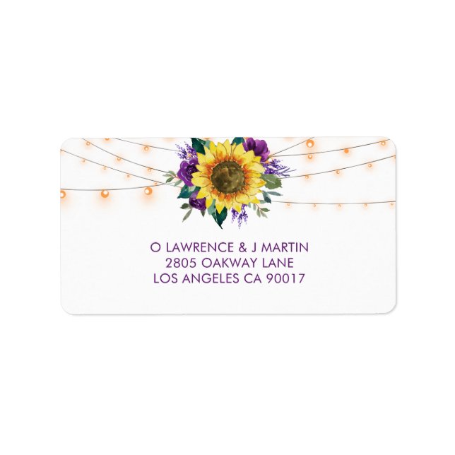 Sunflower String Light Purple Wedding RSVP Address Label (Front)