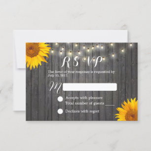 Sunflower & String Lights Barn Wood Wedding RSVP Card