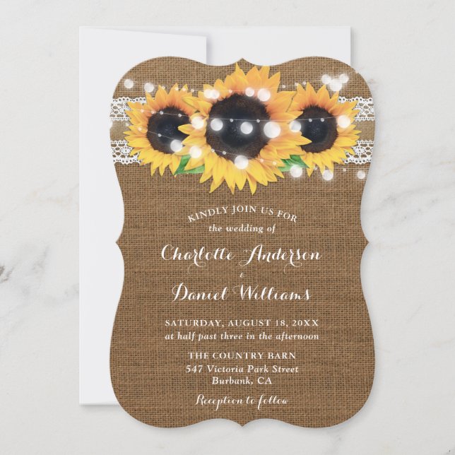 Sunflower String Lights Burlap Lace Wedding Invitation (Front)