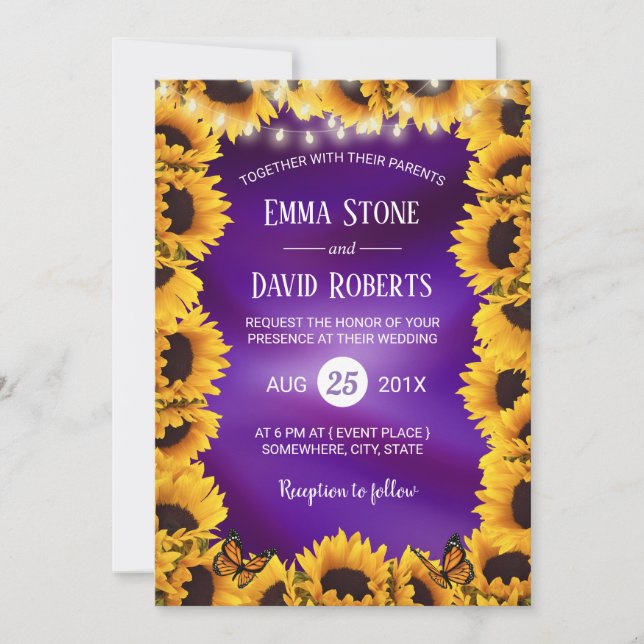 Sunflower & String Lights Elegant Purple Wedding Invitation (Front)
