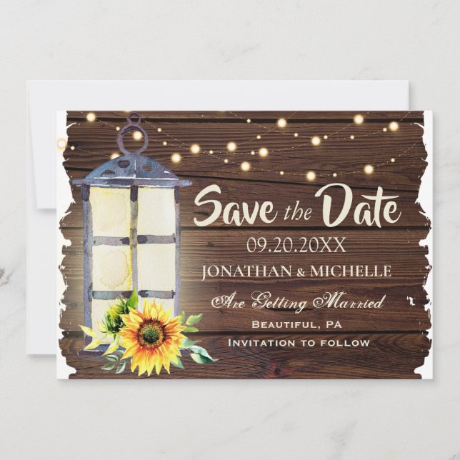 Sunflower String Lights Lantern Rustic Wood Save The Date (Front)