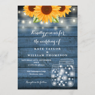 Sunflower String Lights Mason Jar Blue Wedding Invitation