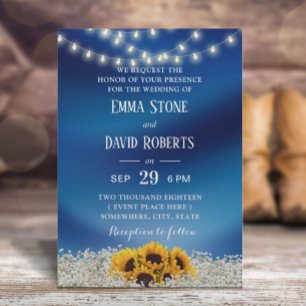 Sunflower & String Lights Navy Blue Wedding Invitation