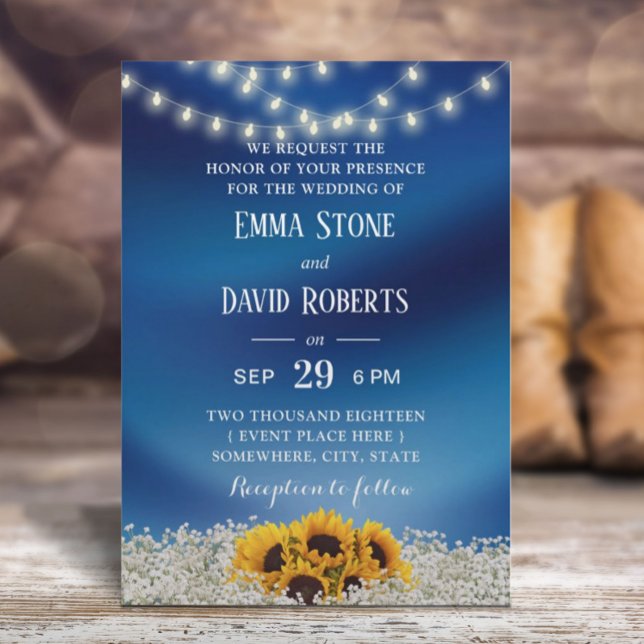 Sunflower & String Lights Navy Blue Wedding Invitation (Creator Uploaded)