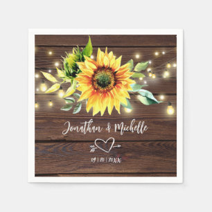 Sunflower String Lights Rustic Dark Wood Wedding Napkin