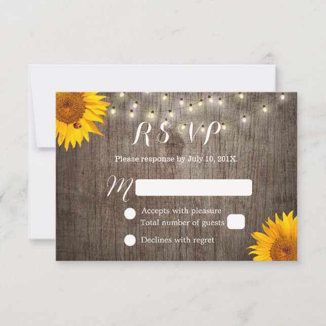 Sunflower & String Lights Rustic Wedding RSVP (Front)