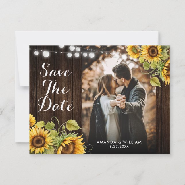 Sunflower String Lights Rustic Wood Wedding Photo Save The Date (Front)