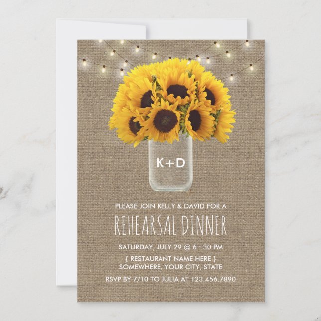 Sunflower & String Lights Wedding Rehearsal Dinner Invitation (Front)