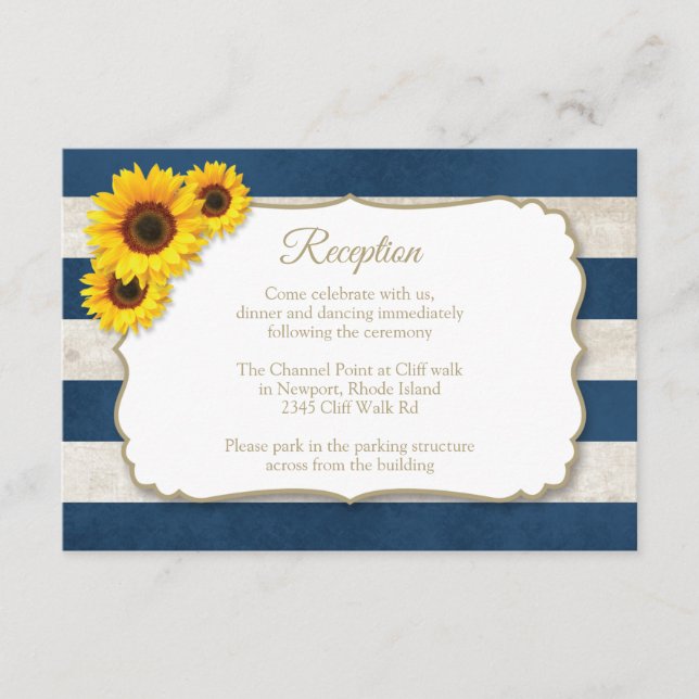 Sunflower Stripes Reception, Rustic Navy Blue Enclosure Card (Front)