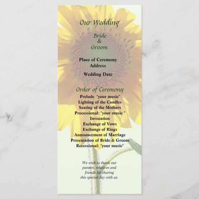 Sunflower Sunbathing Wedding Program Programme (Front)