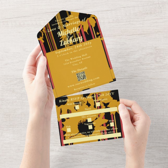 Sunflower Sunset Coral Gold Modern Wedding All In One Invitation (Tearaway)