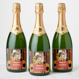 Sunflower Sunset Coral Gold Modern Wedding Photo Sparkling Wine Label