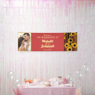 Sunflower Sunset Coral Gold Modern Welcome Wedding Banner