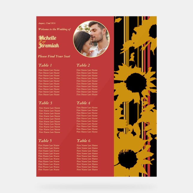Sunflower Sunset Coral Gold Wedding Seat Chart (Front)